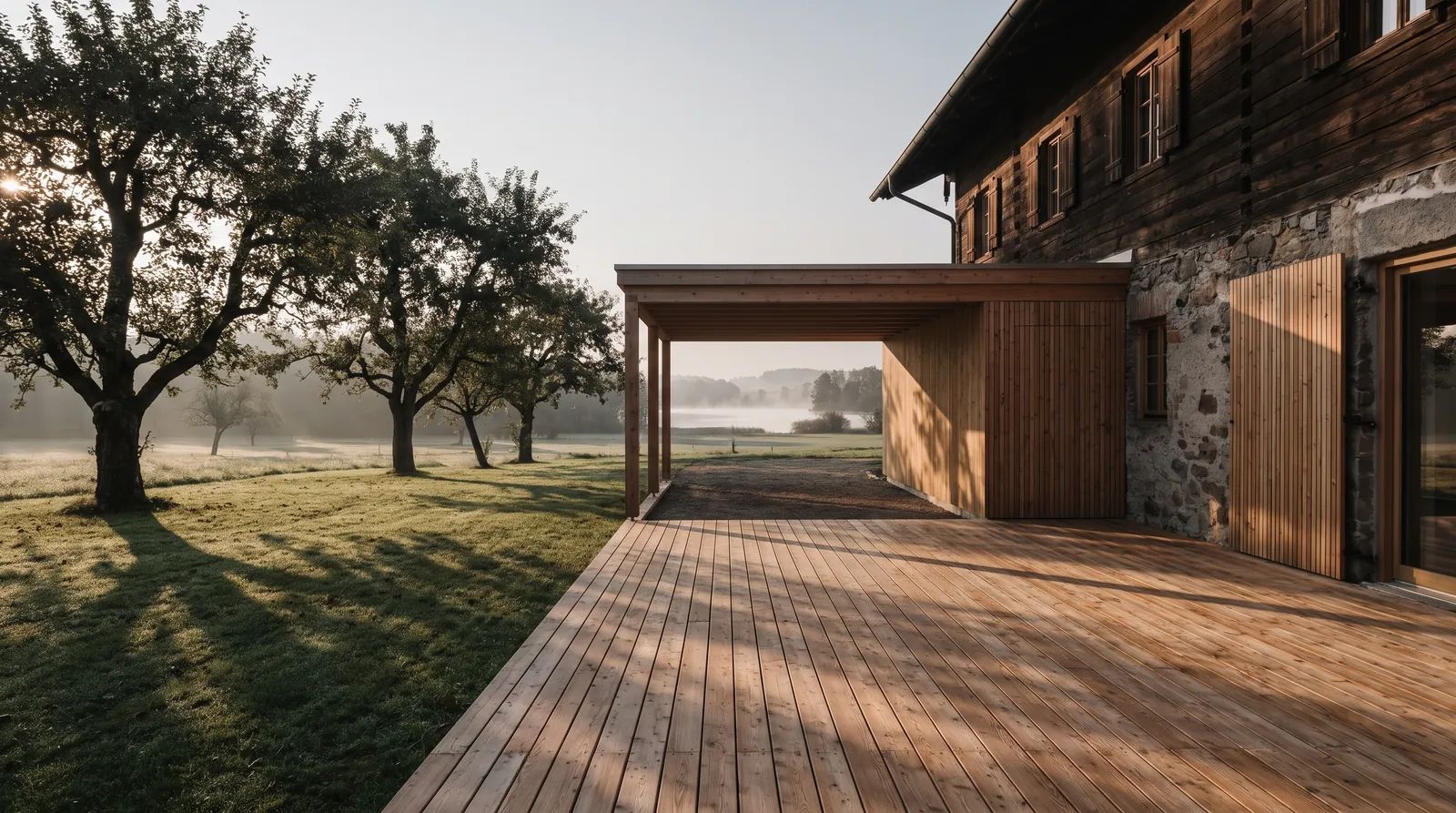Terrasse aus Lärchenholz und Carport aus Holz an einem bayerischen Haus