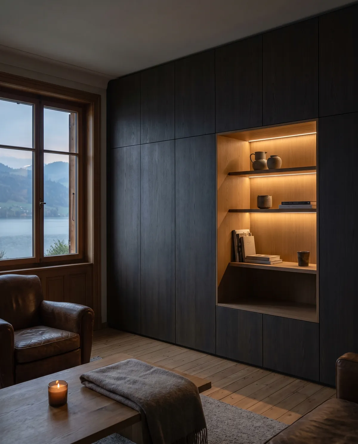 Einbauschrank aus dunkler Eiche mit beleuchteter Nische
